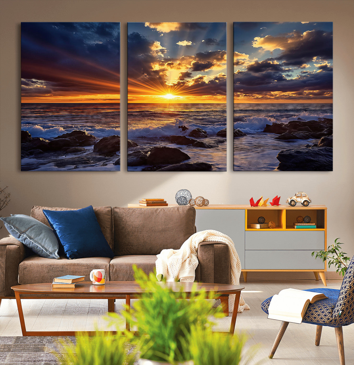 An explosive sunset over the ocean with dramatic clouds and rays of sunlight reflecting off the water, creating a vibrant and captivating view.