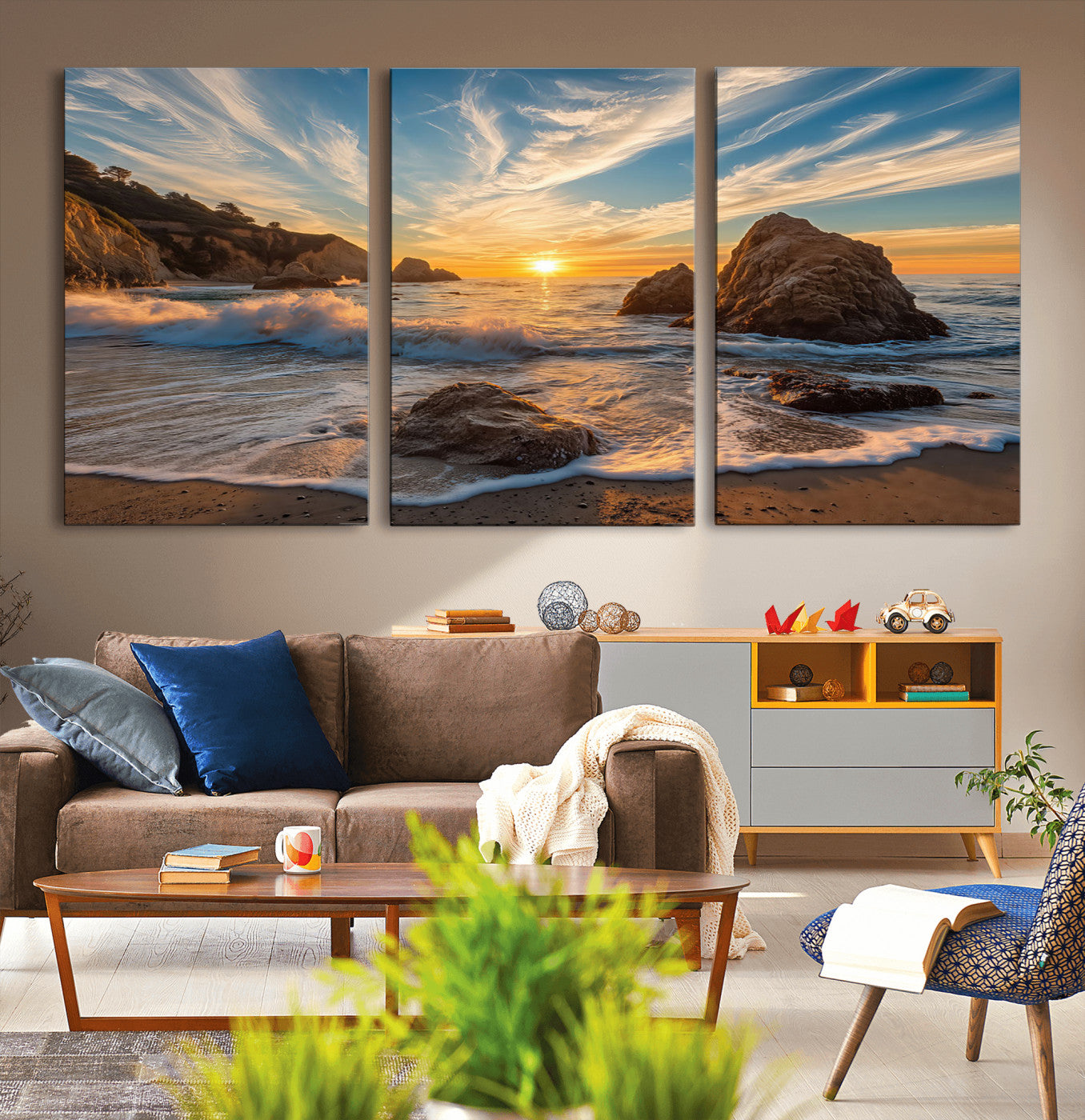 Rocky Ocean Sunset Wall Art Print, Seaside Canvas Wall Art, Dramatic Seascape Canvas Print for Coastal Modern Decor, Ocean Sunset Art Printing