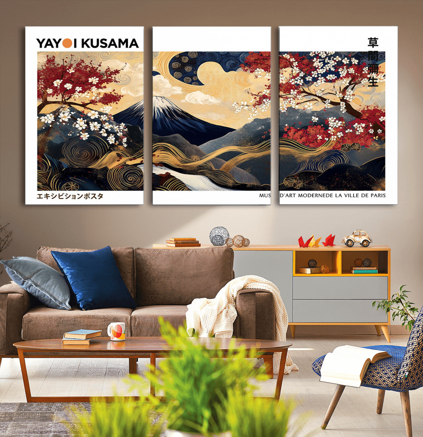 An artwork by Yayoi Kusama featuring Mount Fuji, blooming cherry blossoms, and swirling patterns in a harmonious blend of nature and art.