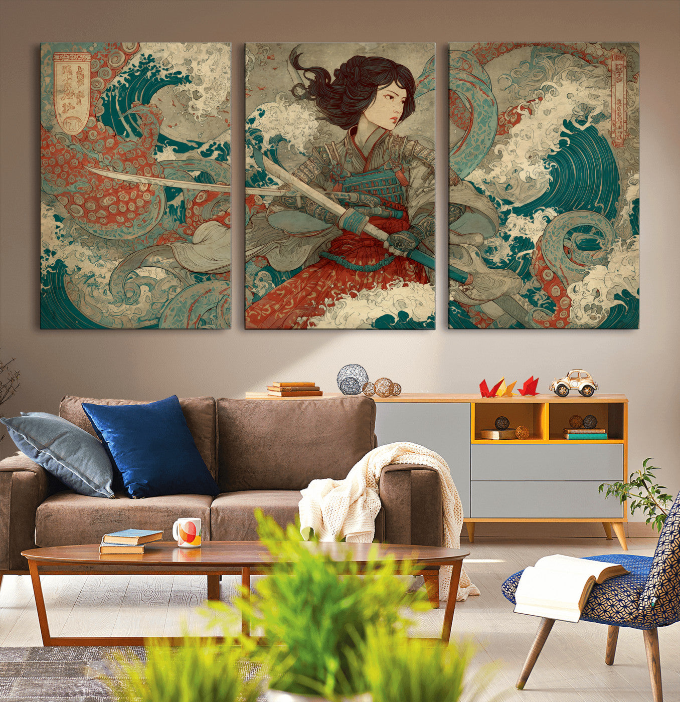 Tsukioka Yoshitoshi Samurai Wall Art Print, Japanese Katana Warrior Canvas Wall Art, Octopus Sea Monster Canvas Print,