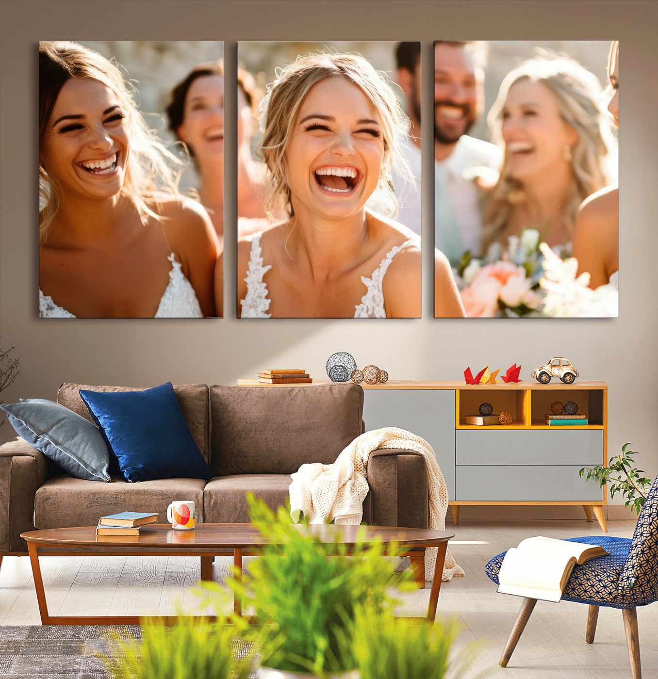 MGV-CV-60X30-3P - Joyful Wedding Wall Art – Laughing Bride and Bridesmaids Canvas Print, Romantic Celebration Photography Decor for Bedroom, Living Room, or Wedding Gift