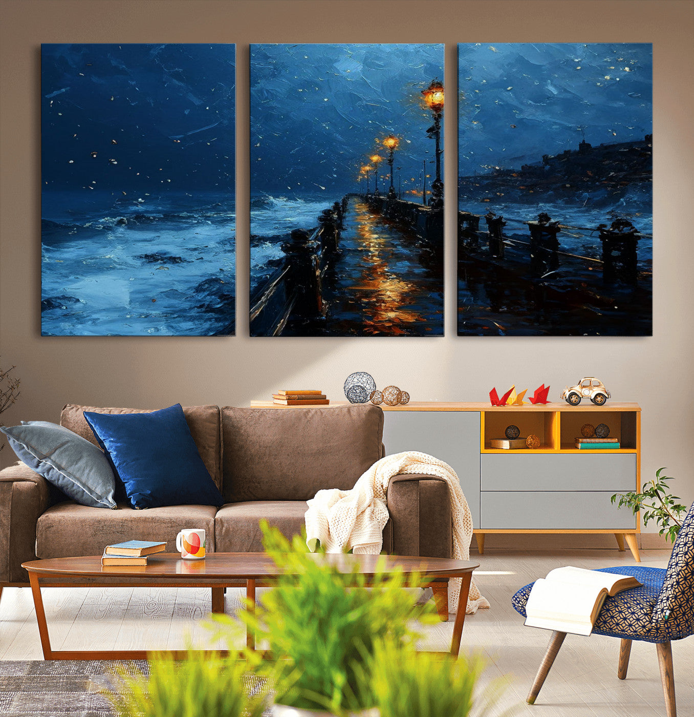 "Impressionistic painting of a rainy pier at night with glowing street lamps reflecting on the wet surface, ocean waves crashing under a dark blue sky."