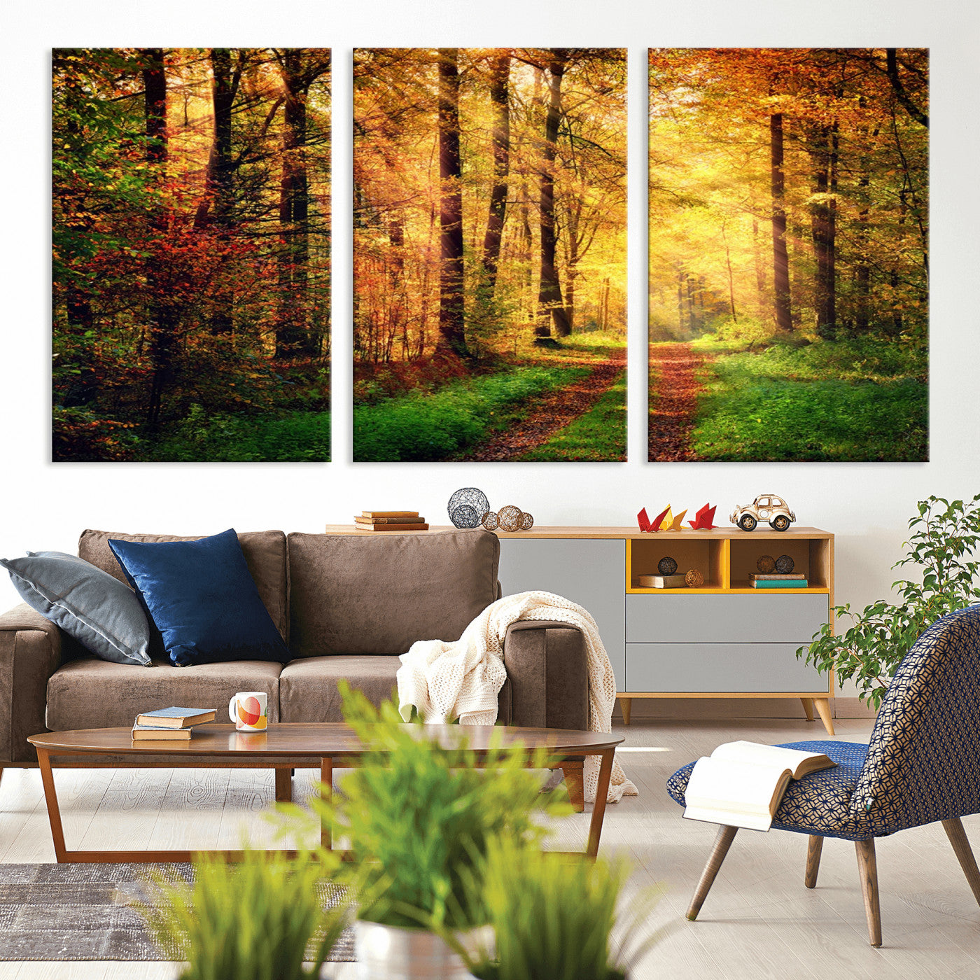 73494-MGV-CV-36X24-Golden Autumn Forest Path Wall Art – Sunlit Woodland Canvas Print, Fall Nature Landscape Home Decor