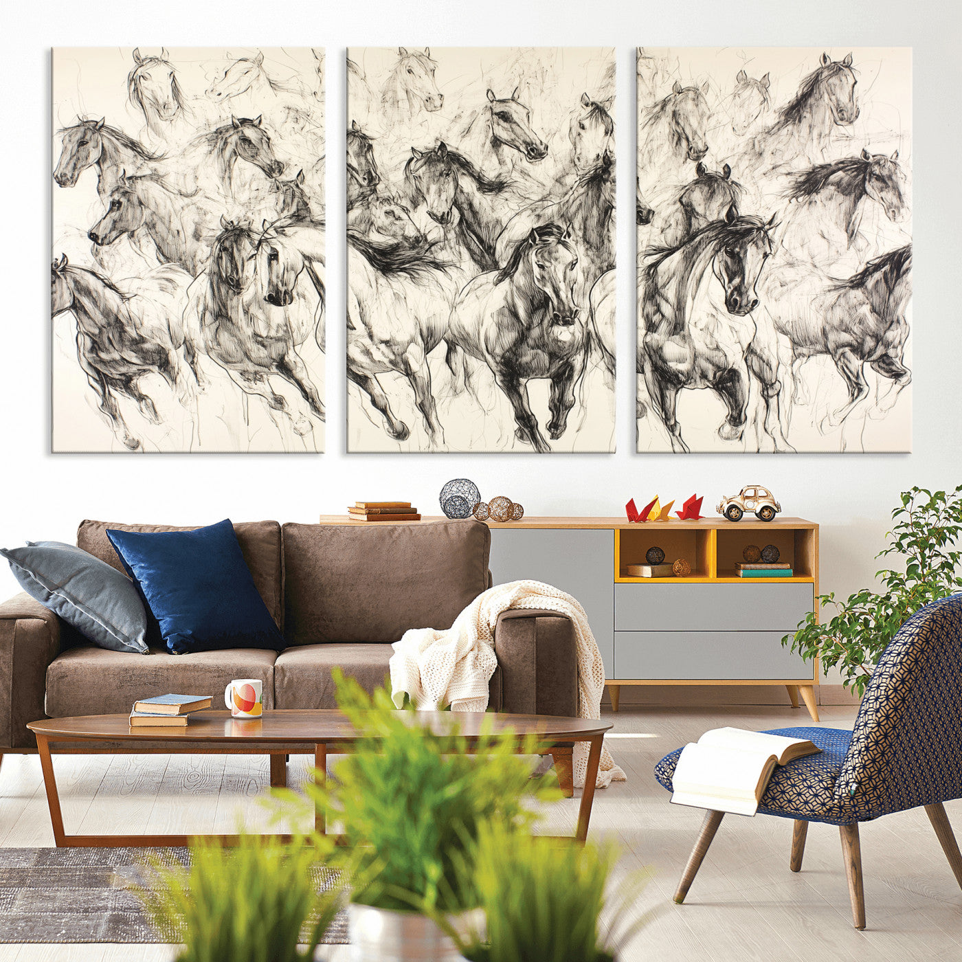 Monochrome ink sketch of galloping horses in dynamic motion, perfect for western or equine-themed wall decor with bold artistic energy.
