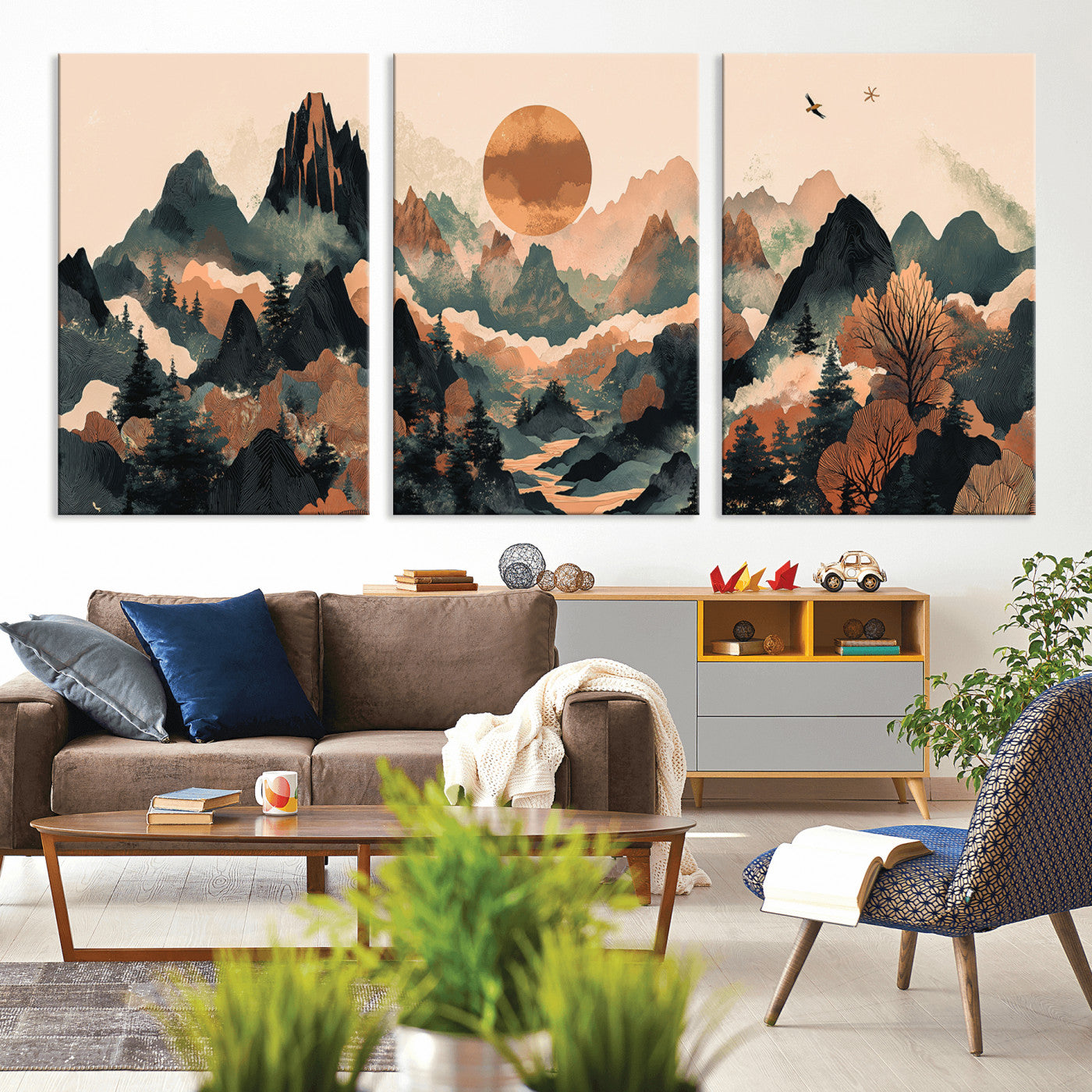 Mountain Landscape Wall Art Print - Sunset Hills Canvas Print, featuring an abstract nature scene with earthy tones and misty peaks, perfect for boho and modern decor.