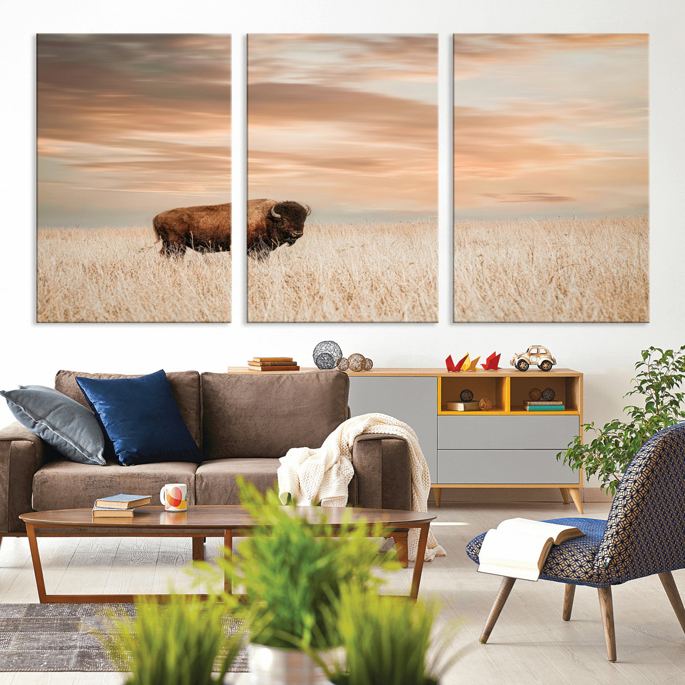 Bison Wall Art Print - Buffalo Canvas Print, featuring a lone bison in a golden prairie under a warm sunset sky, perfect for rustic and farmhouse decor.