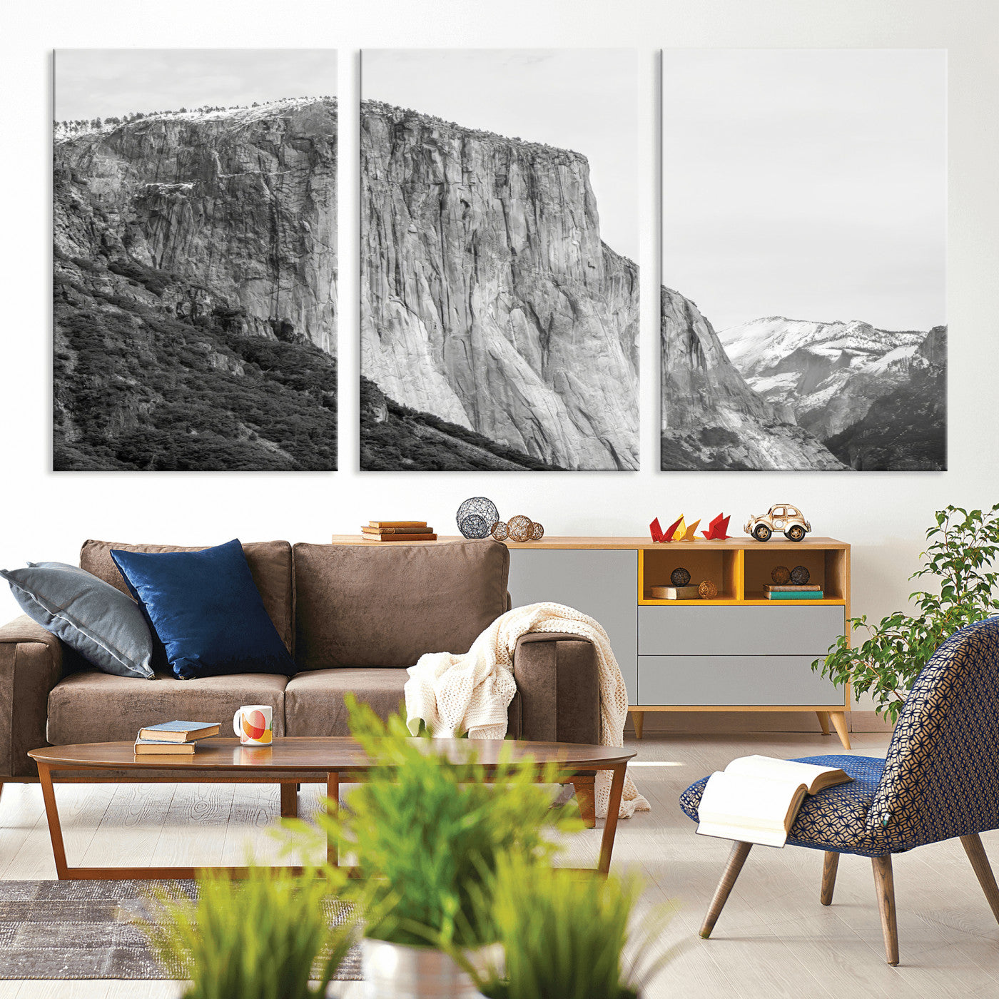 Monochrome canvas of El Capitan’s granite wall in Yosemite with snowy peaks, ideal for dramatic mountain or black-and-white nature decor.