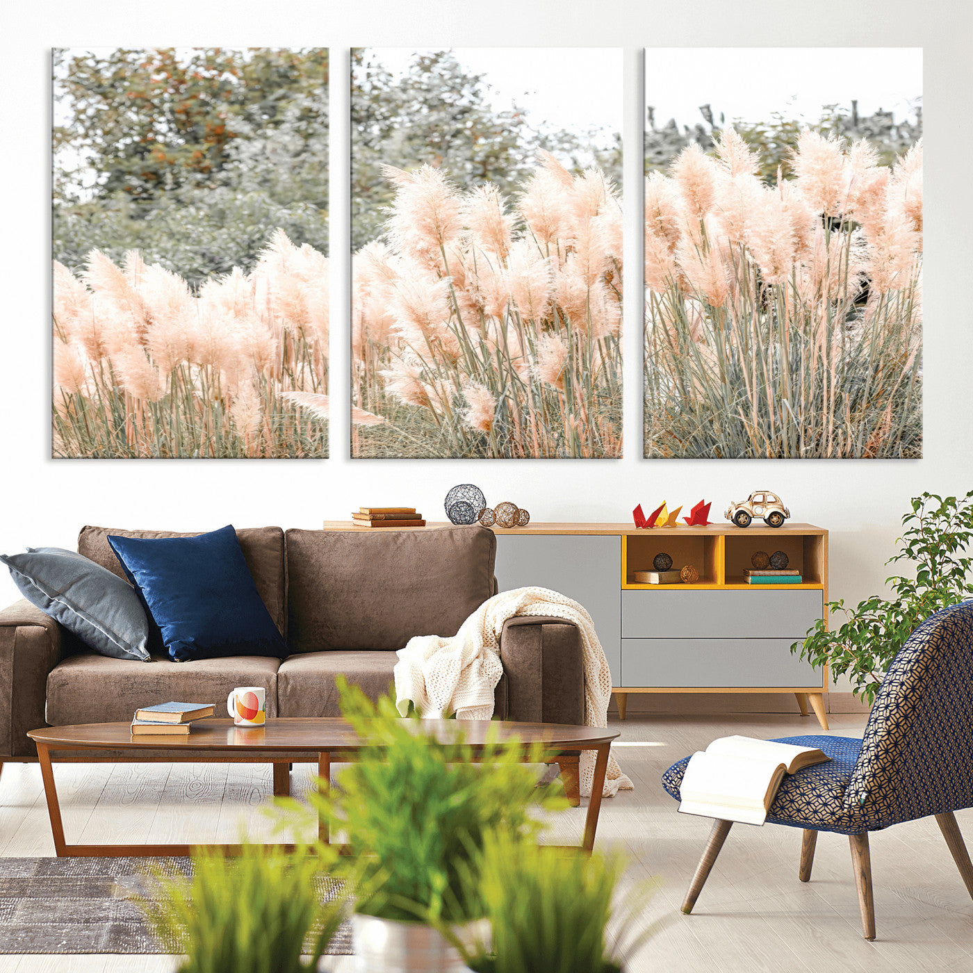 Soft pastel pampas grasses in a natural setting, ideal for neutral boho or rustic botanical-style interior wall decoration.