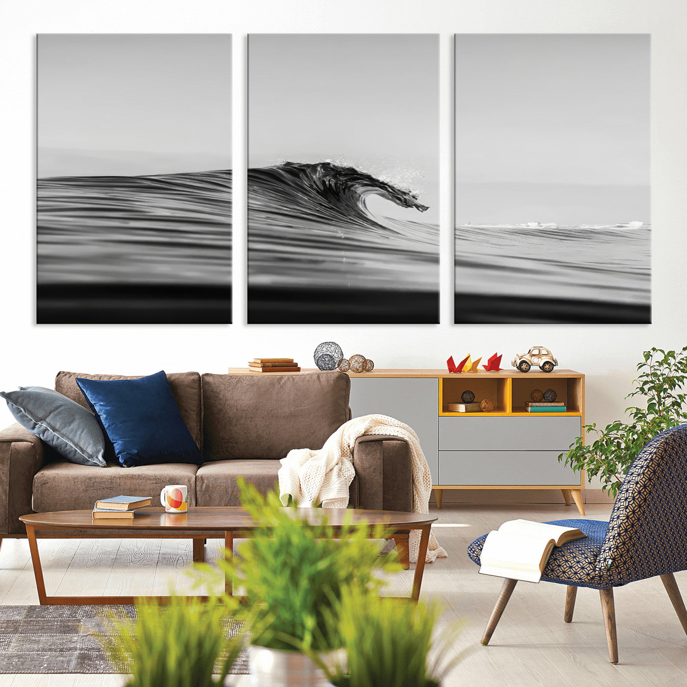 Striking black and white photo of a curling wave, ideal for modern coastal or minimalist wall decor settings.