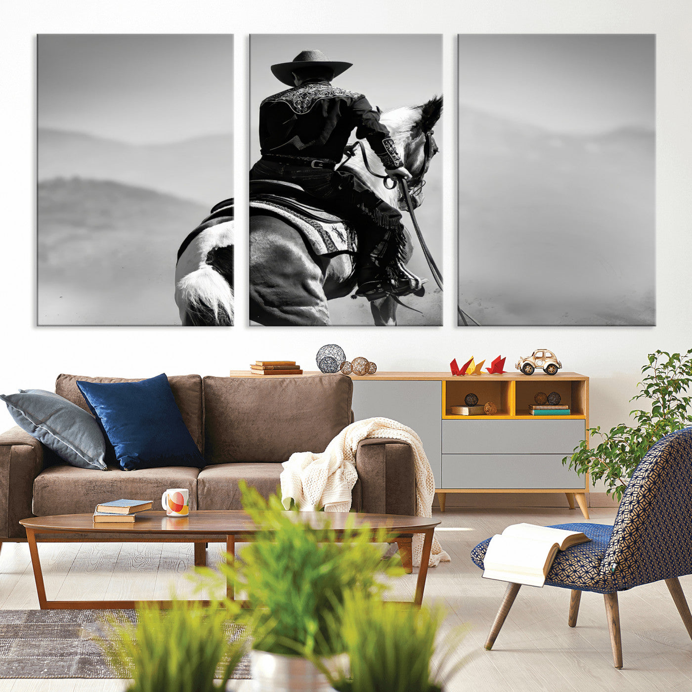 Black and white canvas of a cowboy on horseback with moody tones, perfect for rustic western or country-inspired home decor.