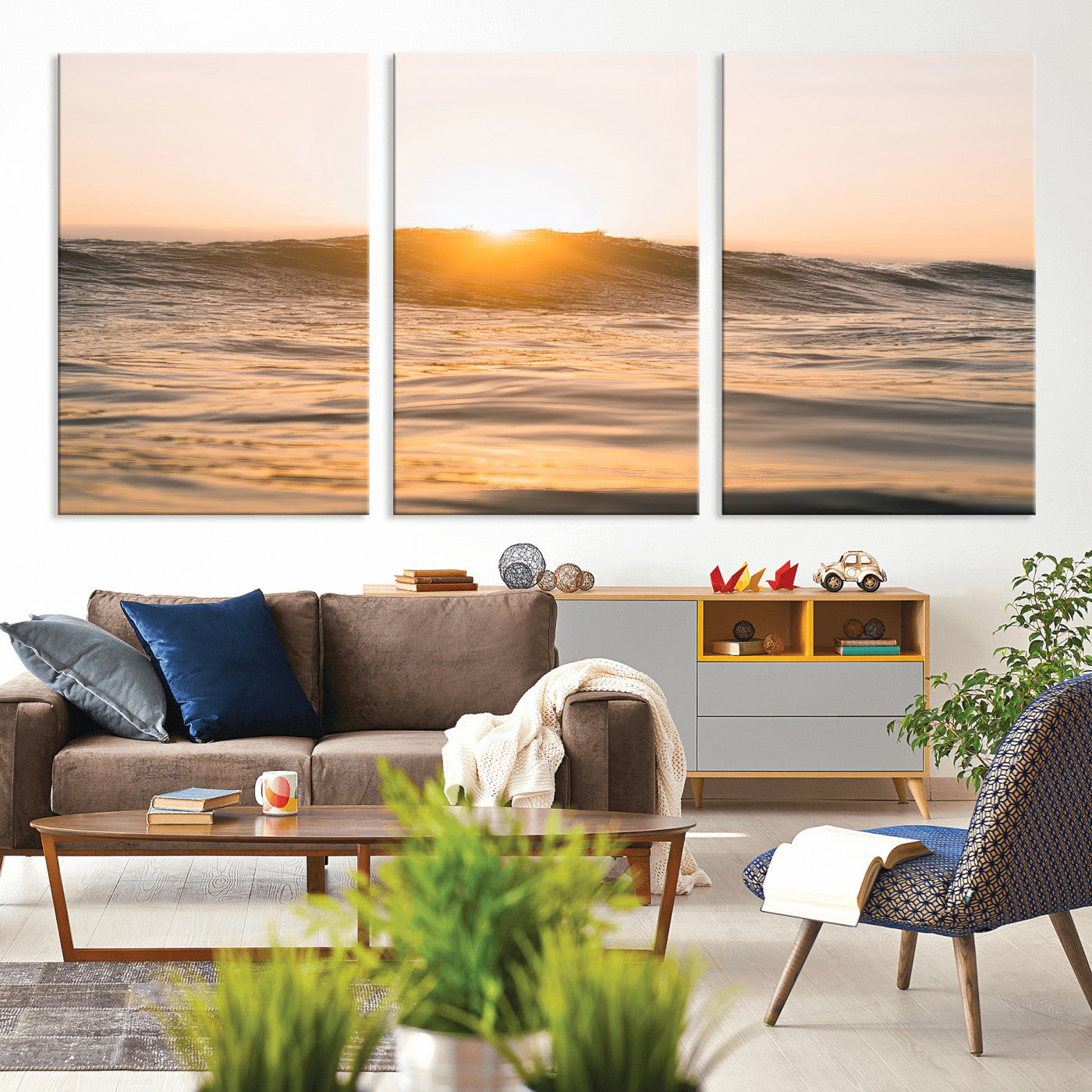 Ocean waves glowing under a warm golden sunset, reflecting soft light and calm movement, perfect for warm minimalist coastal interiors.