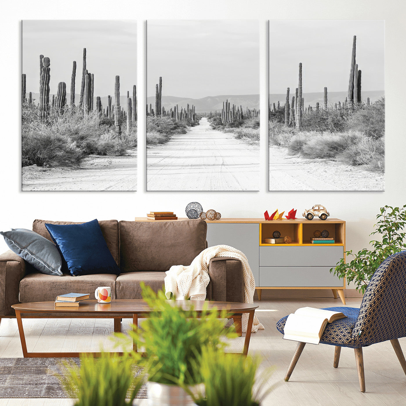 A black and white desert road stretching through a cactus-filled landscape, creating a rugged and timeless southwestern aesthetic with a sense of adventure.