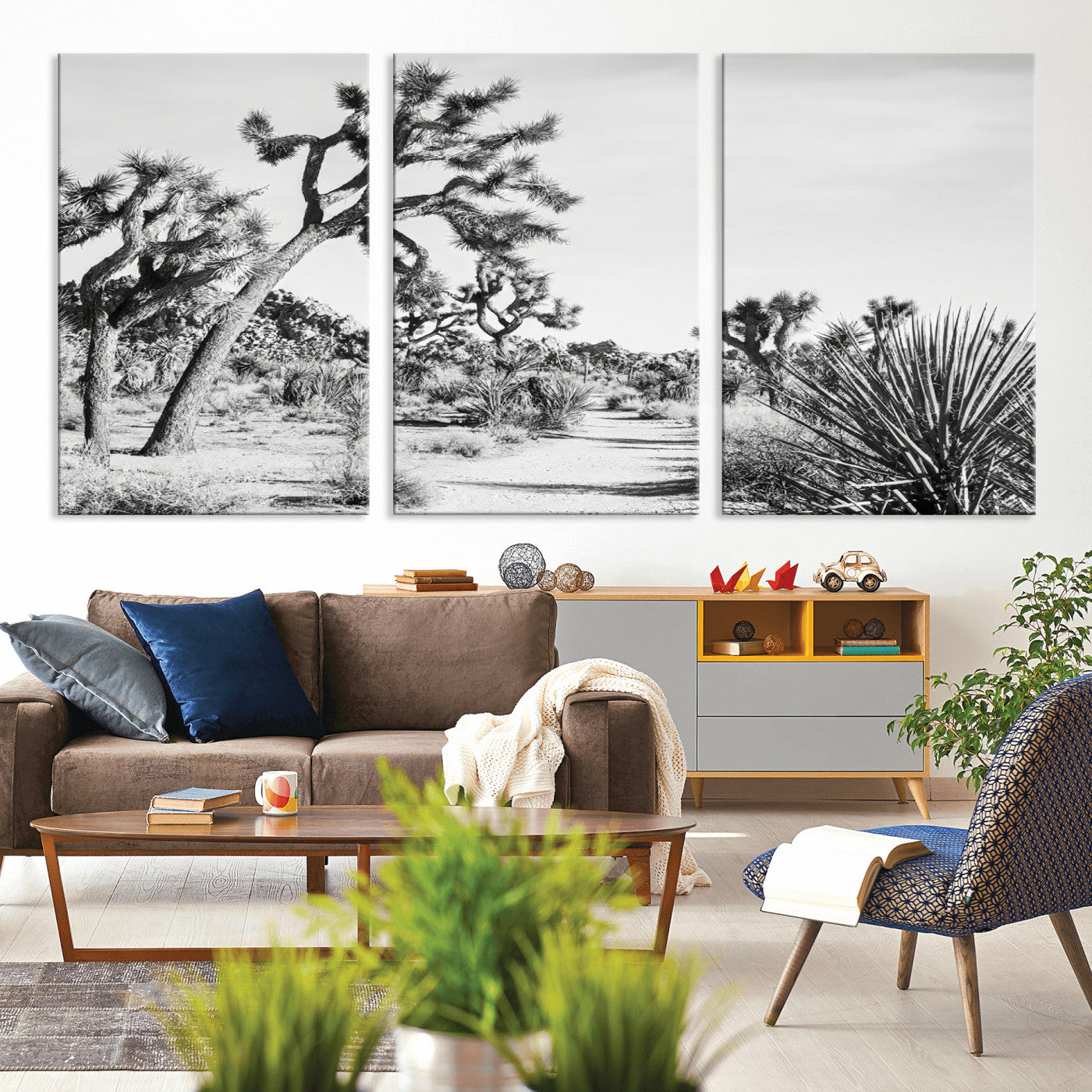 Canvas of a Joshua Tree forest in black and white tones, featuring a desert path and spiky vegetation, ideal for minimalist or rustic decor.