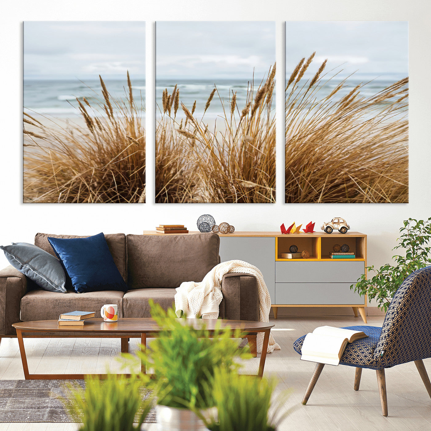 Canvas of golden beach grass swaying by the ocean under a soft cloudy sky, perfect for neutral-toned or coastal minimalist decor.
