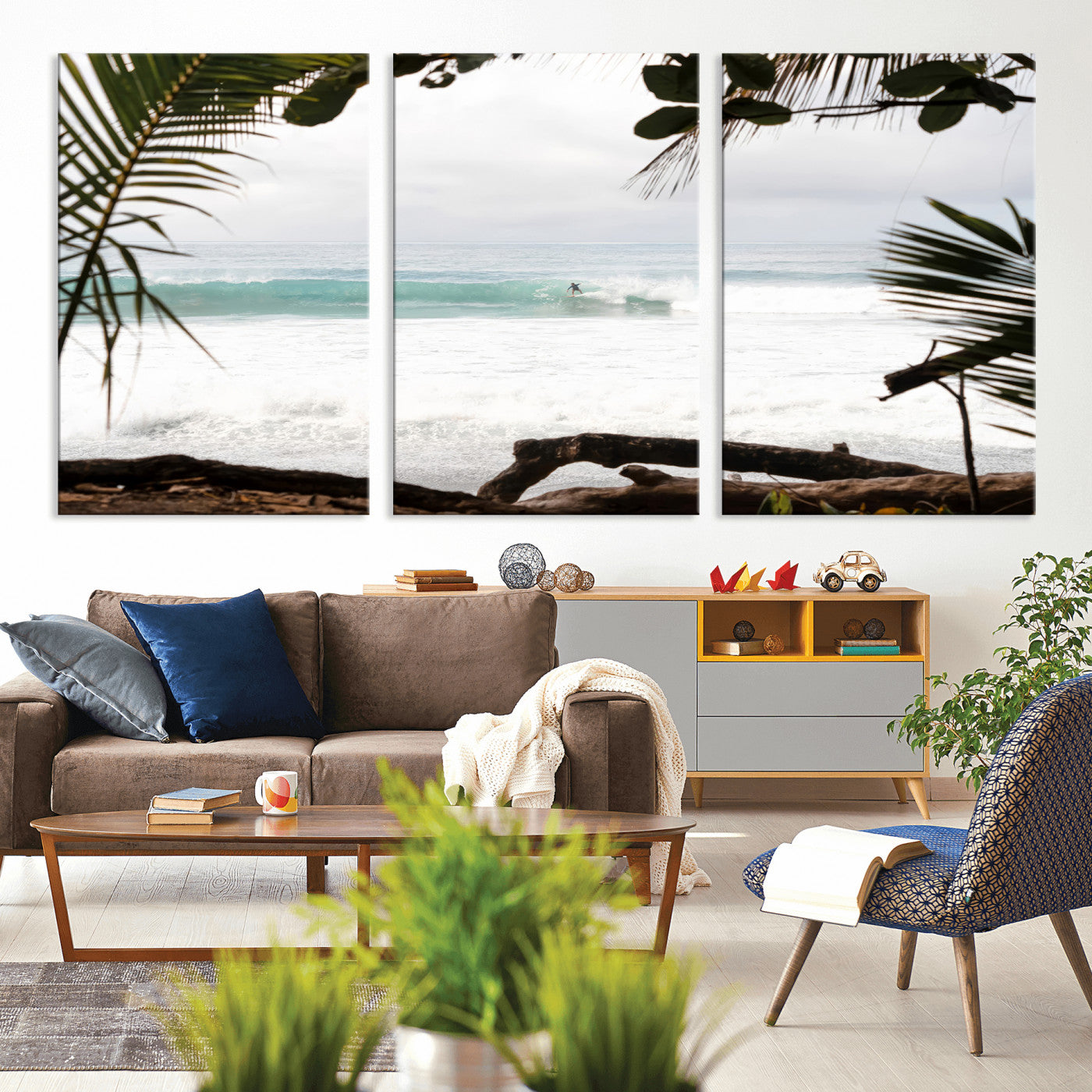 Tropical beach view with palm trees and surfer riding a wave, perfect for boho or coastal-inspired interior wall decor.