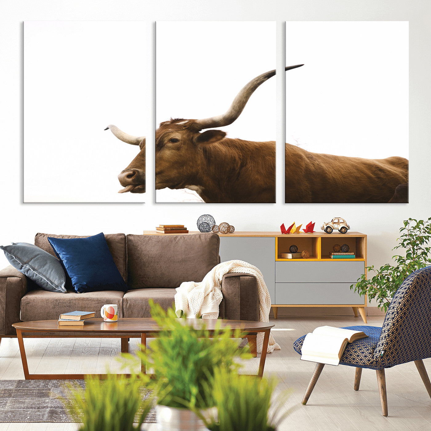 Minimal photo of a longhorn cow with white background, ideal for rustic, western or farmhouse-style interior decor.