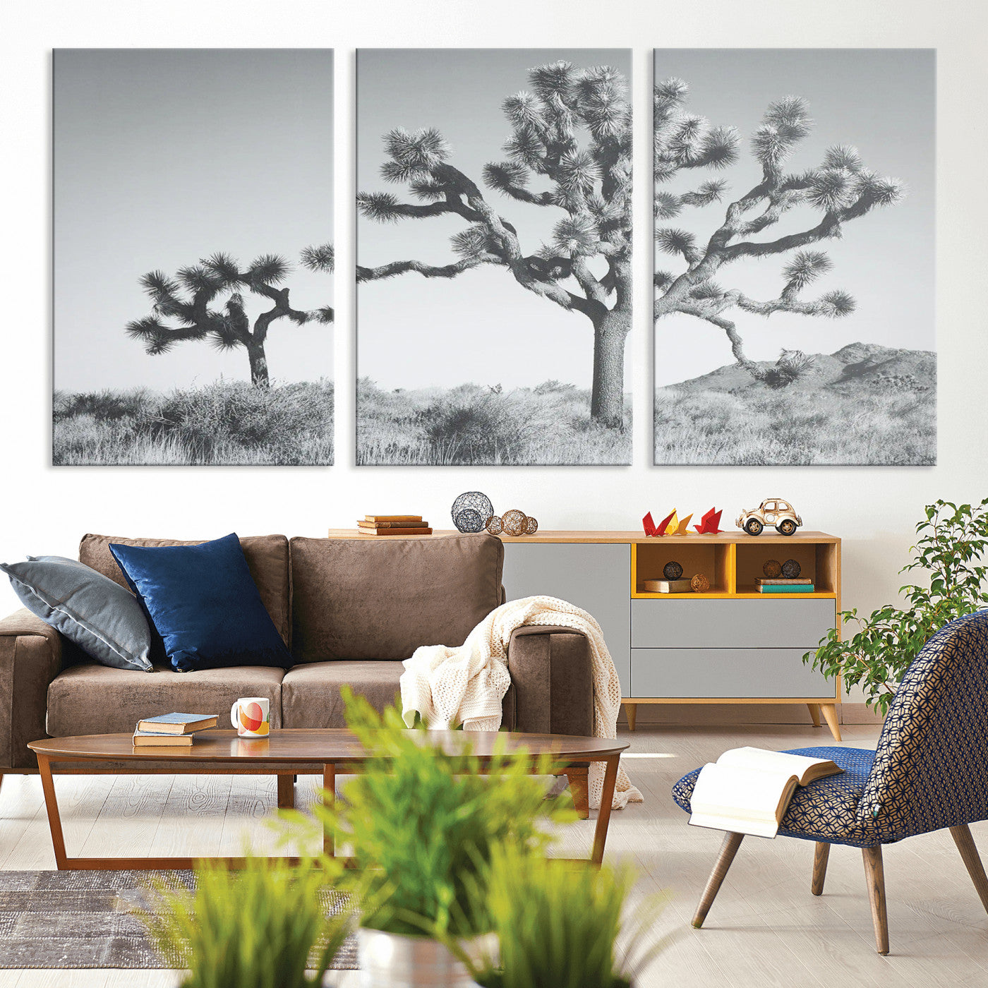 Black and white Joshua tree in a desert landscape with soft light and dry brush, perfect for rustic or minimalist home decor.