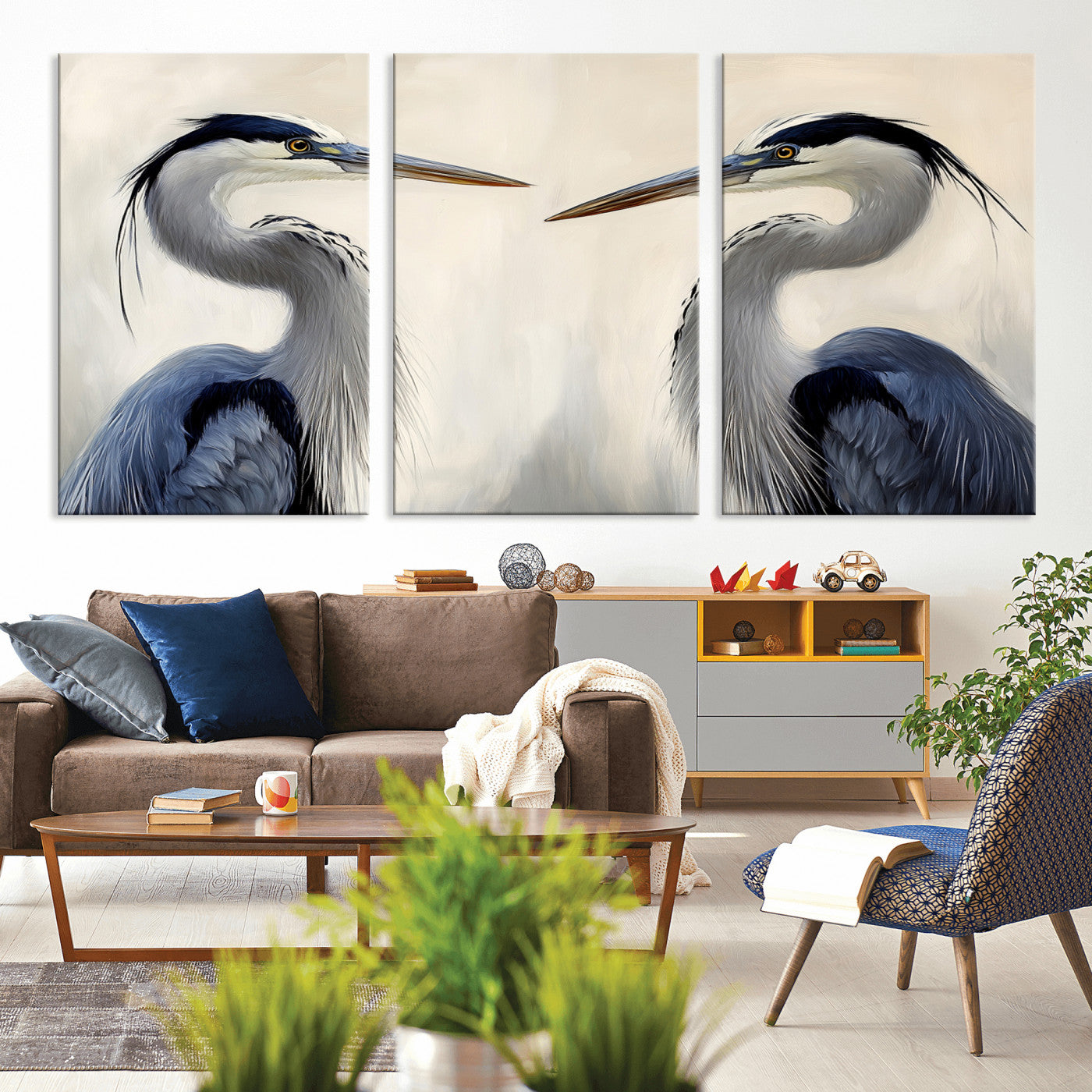 Two blue herons facing each other on a soft neutral background, ideal for coastal, tranquil, or nature-inspired minimalist interiors.