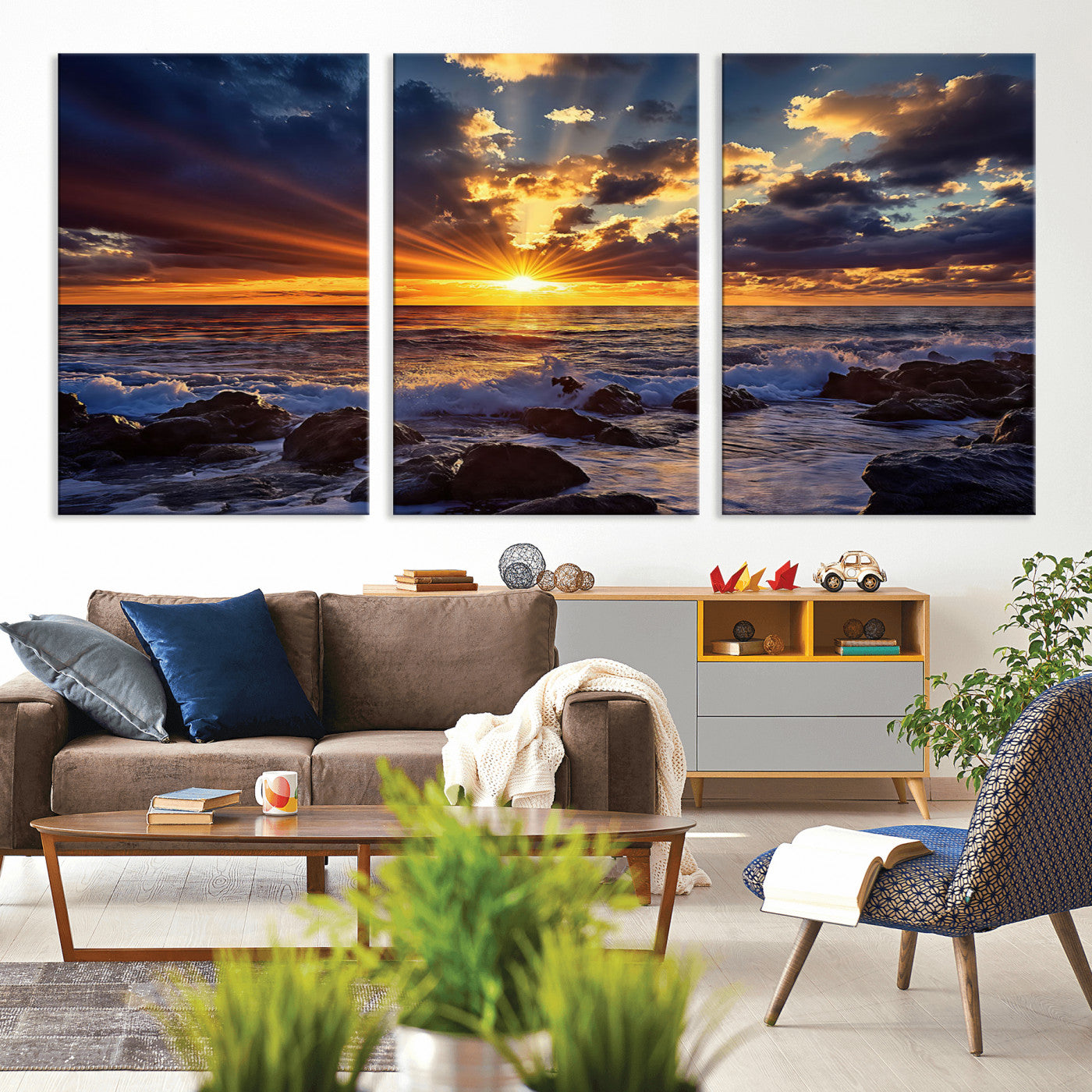 An explosive sunset over the ocean with dramatic clouds and rays of sunlight reflecting off the water, creating a vibrant and captivating view.