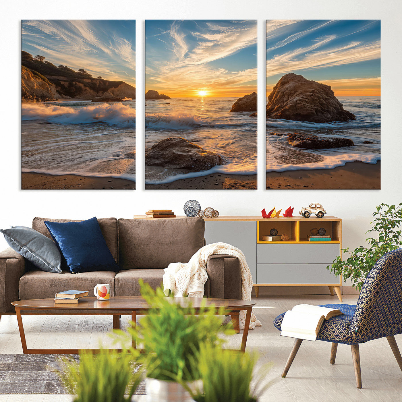 Rocky Ocean Sunset Wall Art Print, Seaside Canvas Wall Art, Dramatic Seascape Canvas Print for Coastal Modern Decor, Ocean Sunset Art Printing
