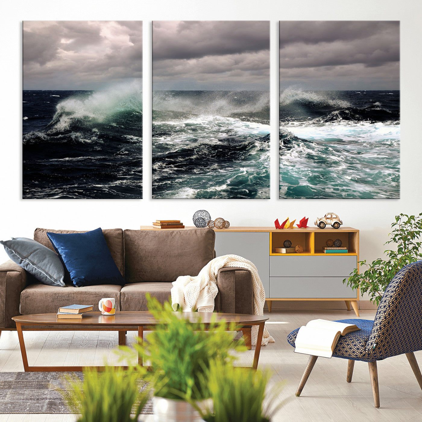 Powerful ocean waves crashing under stormy skies, creating a dynamic and intense seascape.