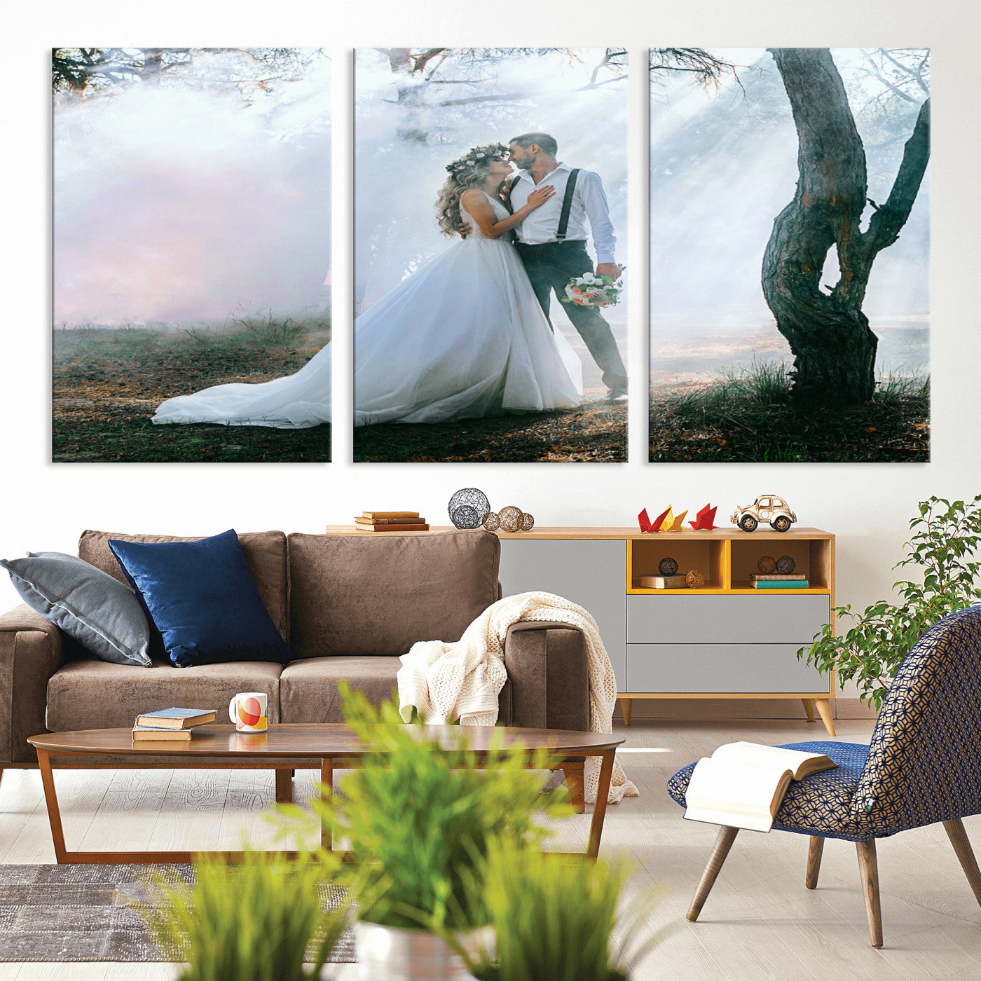 MGV-CV-60X30-3P - Forest Wedding Wall Art – Romantic Bride and Groom Canvas Print, Enchanted Woodland Photography Decor for Bedroom, Living Room, or Wedding Gift