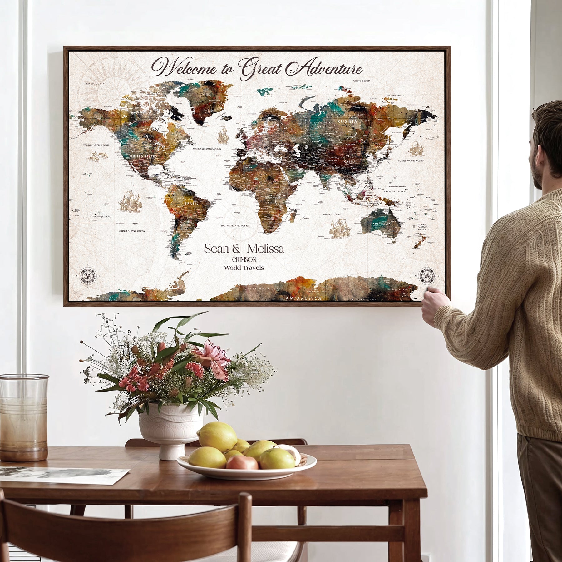 92462592-MGV-CV-36X24-Customize Push Pin World Map Wall Canvas Print – Personalizable Travel World Map with Pins – Framed Personalized Map Print for Couple Gift - H31