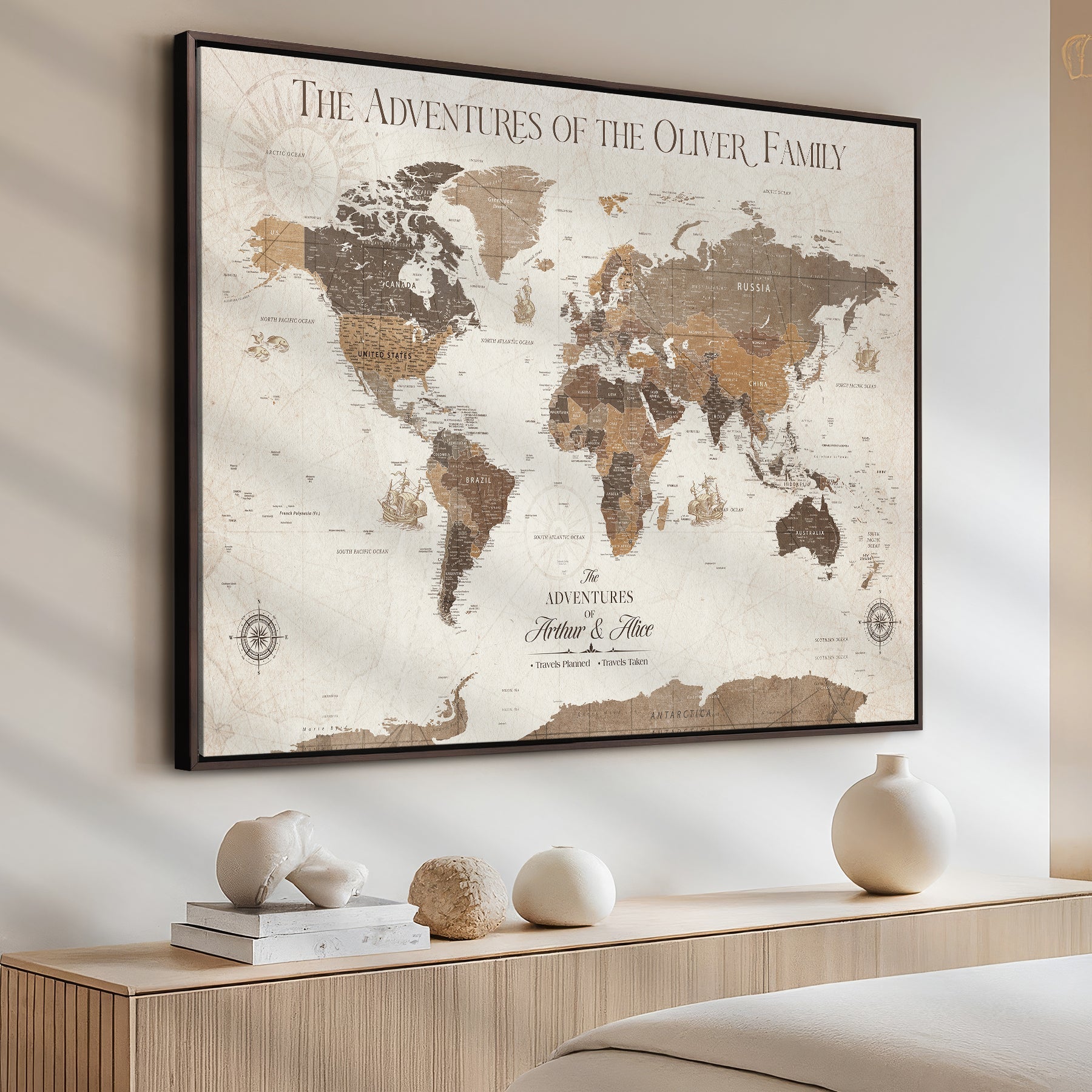 84483613-MGV-CV-36X24-Custom Push Pin World Map Wall Canvas Print – Personalized Travel Tracker with Pins – Framed Large Multi-Size Canvas for Home Office Decor