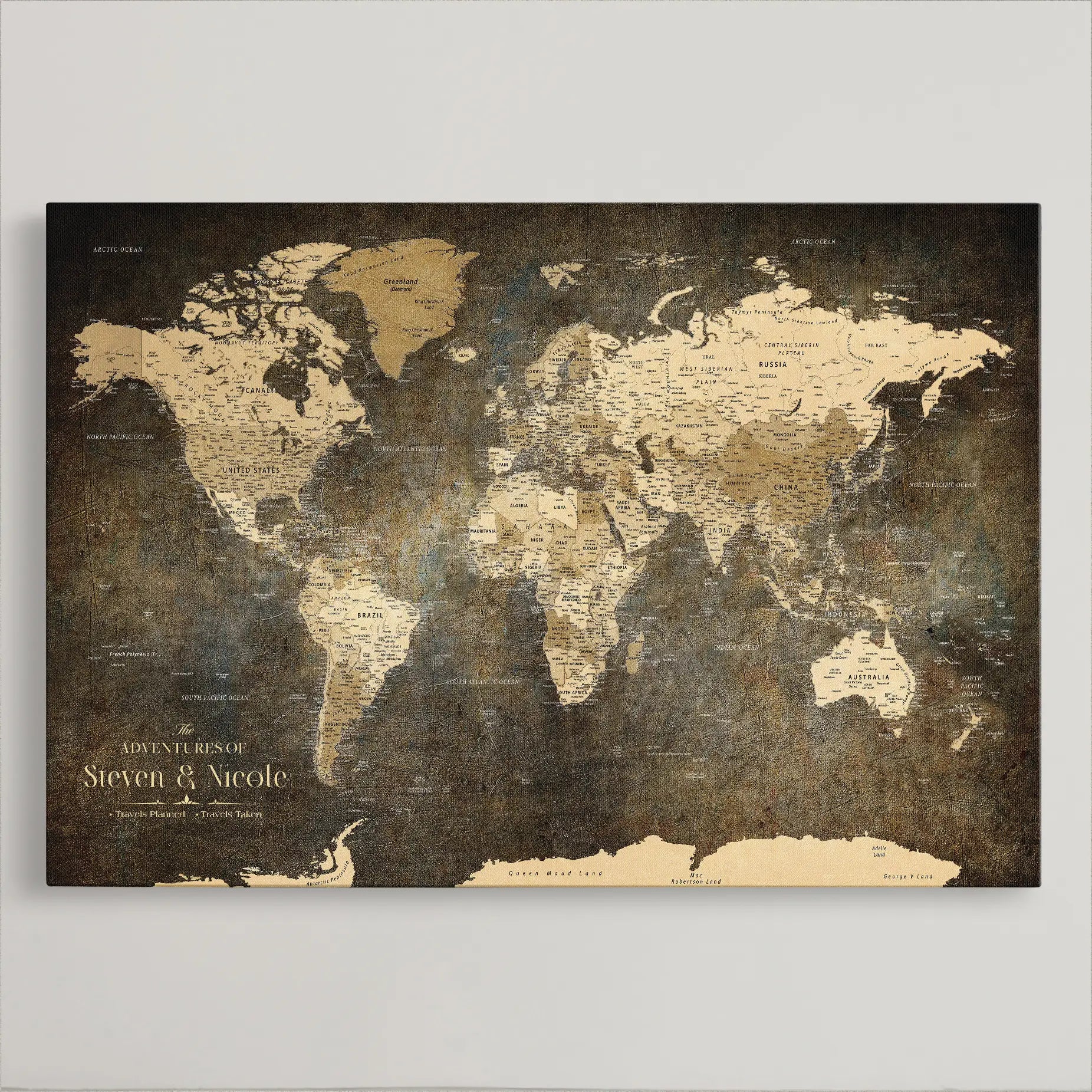 77826024-MGV-CV-36X24-Personalized Travel Map Canvas Print – Custom Framed Push Pin World Art Gift for Couples, Anniversaries, or Explorer-Themed Decor