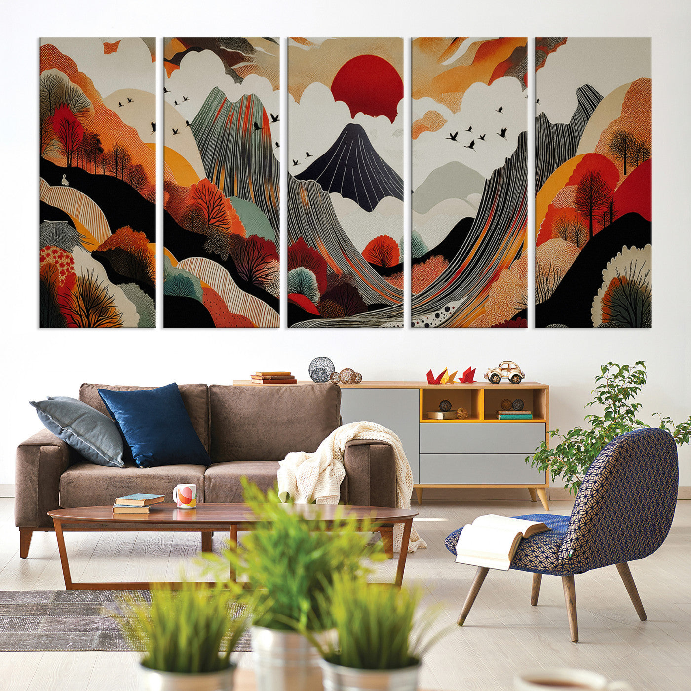 Abstract Mountain Wall Art Canvas Print, Vibrant Landscape Print, Framed Stylized Nature Drawing Art Print, Large Sunset Mountains Printing Perfect for Contemporary Minimalist Decor