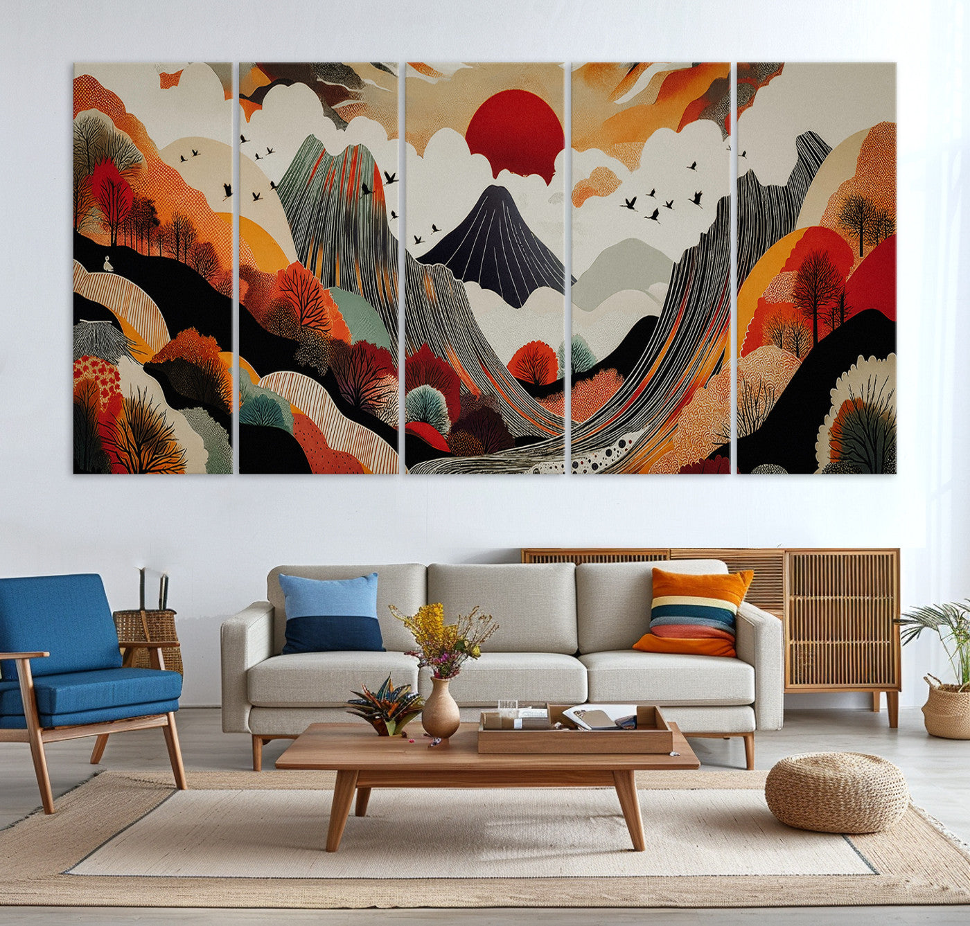 Abstract Mountain Wall Art Canvas Print, Vibrant Landscape Print, Framed Stylized Nature Drawing Art Print, Large Sunset Mountains Printing Perfect for Contemporary Minimalist Decor