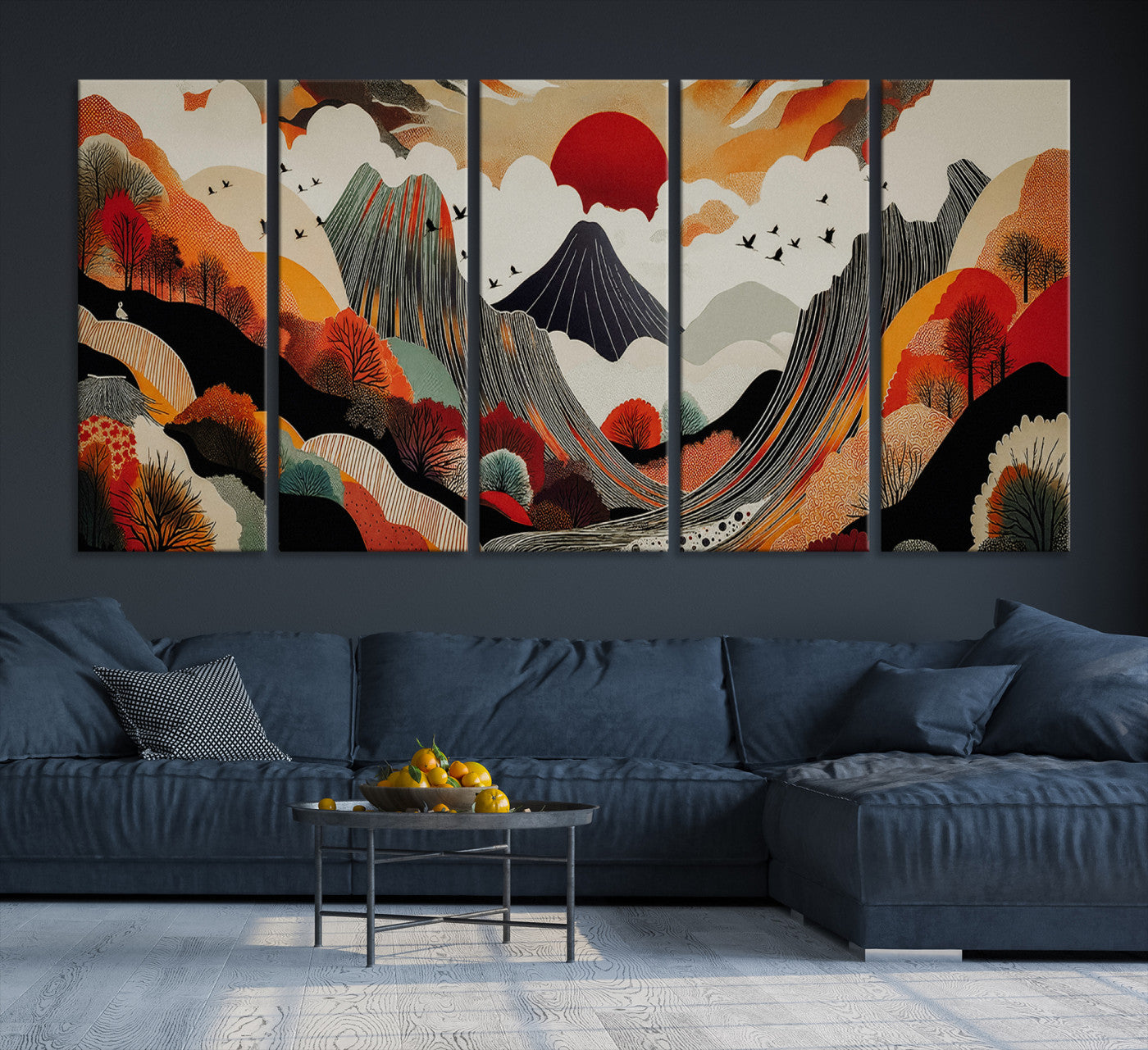 Abstract Mountain Wall Art Canvas Print, Vibrant Landscape Print, Framed Stylized Nature Drawing Art Print, Large Sunset Mountains Printing Perfect for Contemporary Minimalist Decor