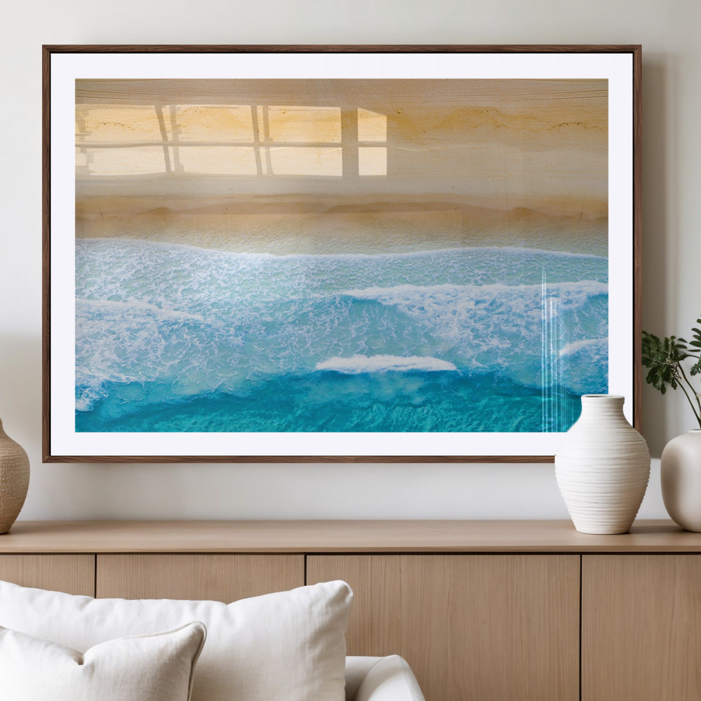 -Aerial Beach Wall Art – Serene Ocean Waves & Sandy Shore Canvas Print, Coastal Home Decor for Living Room, Bedroom or Office