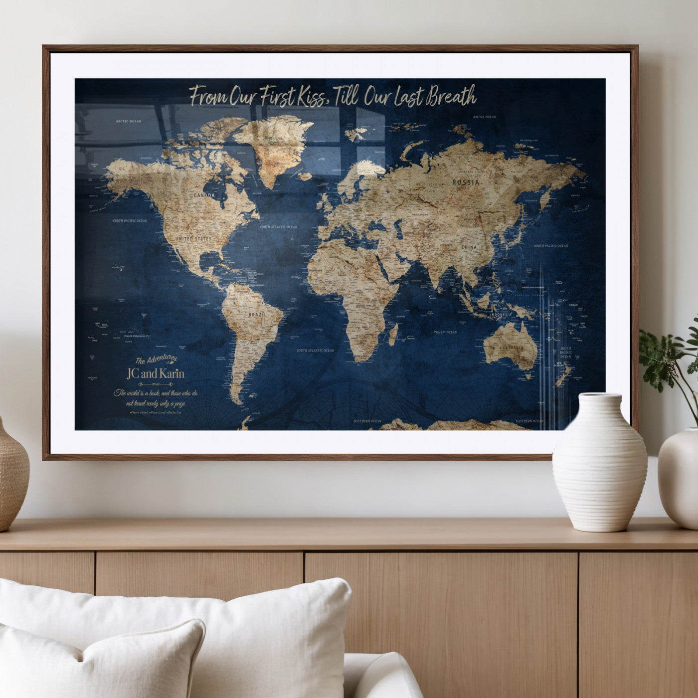 56122A-MGC-FP-40x30_Walnut-Push Pin World Map Canvas Print – Framed Wall Art for Couples to Track Their Travels – Anniversary Gift or Home Adventure Decor - H2-Orj