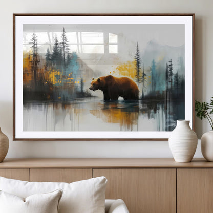 A majestic bear stands by the serene waters of a misty forest, surrounded by towering trees and distant mountains, evoking the raw beauty and wild spirit of nature.