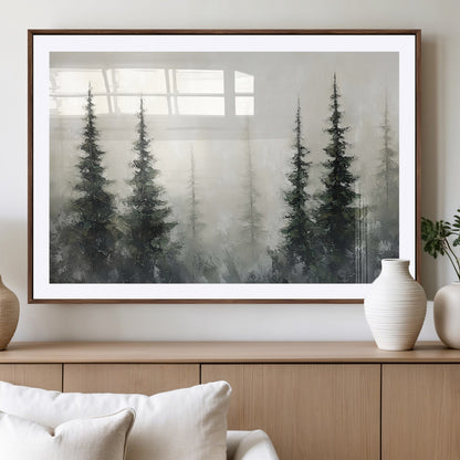 Soft and misty pine forest painting in neutral earthy tones, ideal for calm woodland or minimalist rustic home decor.