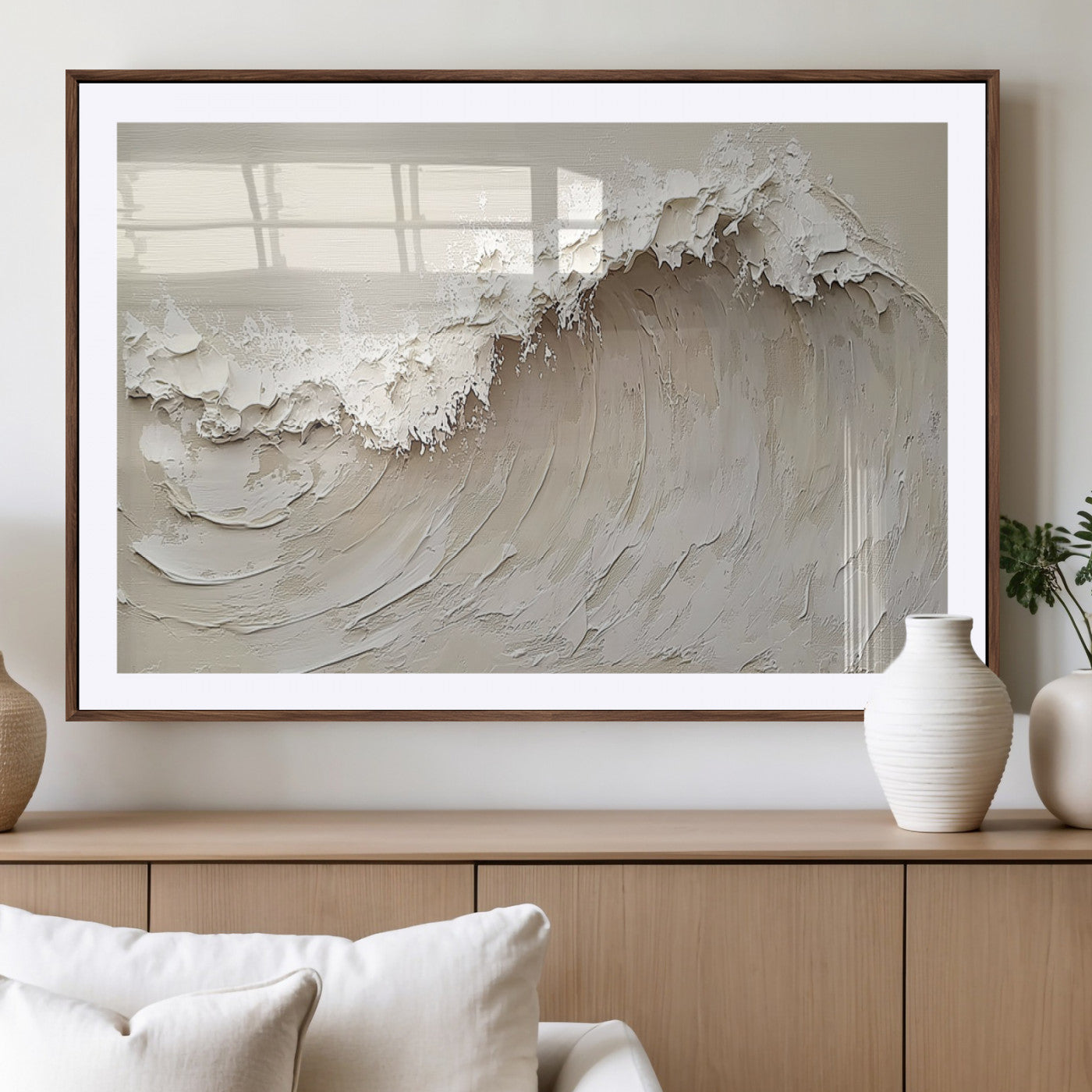 Textured canvas of an abstract white ocean wave in neutral tones, ideal for modern coastal or minimalist home decor.