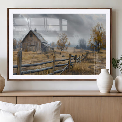 A tranquil rural scene featuring a rustic barn, overcast skies, and golden fields with scattered trees, evoking a sense of peaceful solitude in nature.