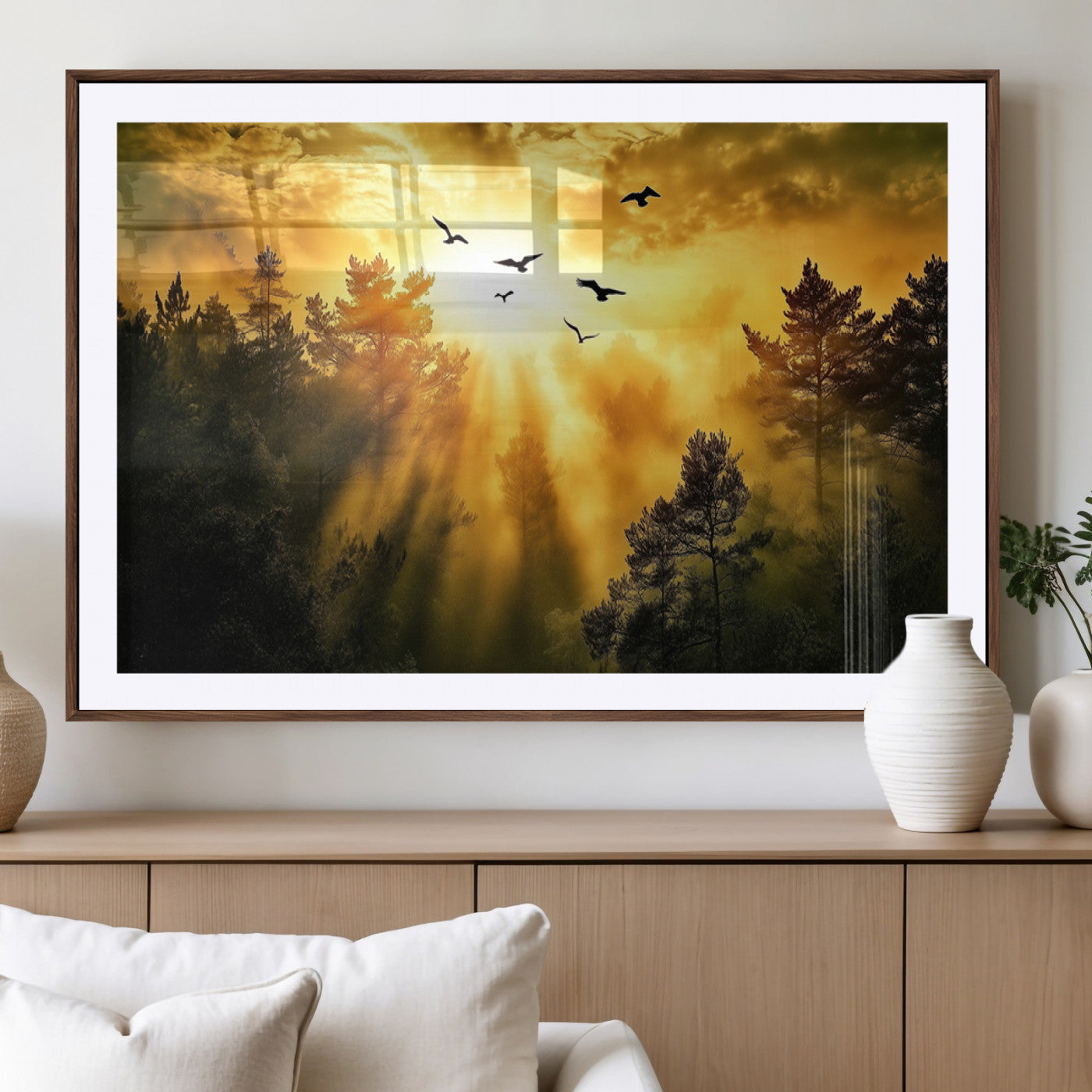 Canvas of a golden forest at sunset with birds flying through glowing sunbeams and silhouetted pine trees, ideal for warm-toned rustic decor.