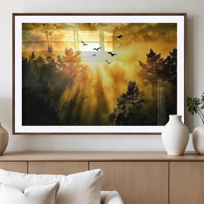 Canvas of a golden forest at sunset with birds flying through glowing sunbeams and silhouetted pine trees, ideal for warm-toned rustic decor.