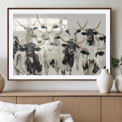 Canvas of a Texas Longhorn cattle herd in neutral black and white tones, ideal for rustic farmhouse or western-themed decor.