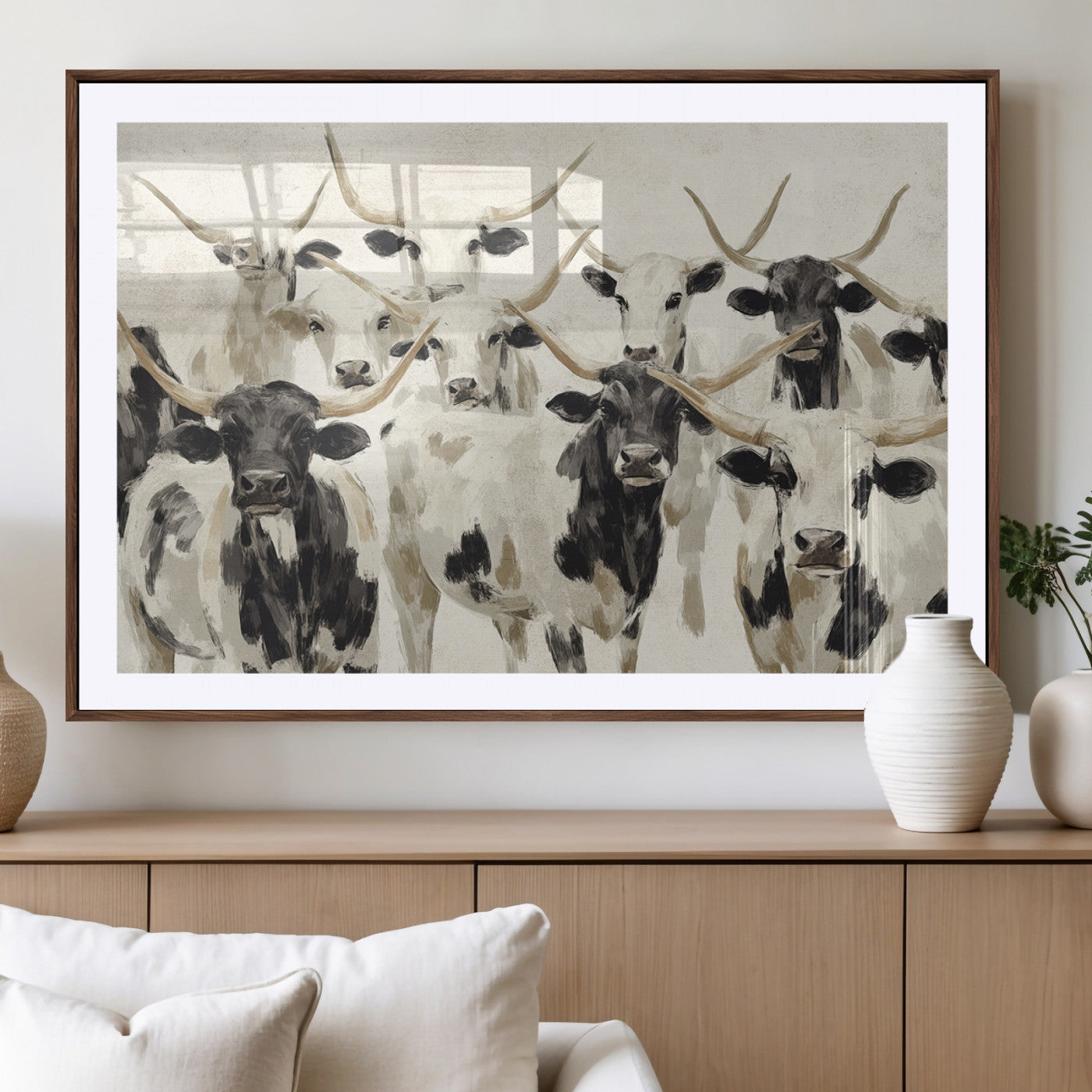 Canvas of a Texas Longhorn cattle herd in neutral black and white tones, ideal for rustic farmhouse or western-themed decor.