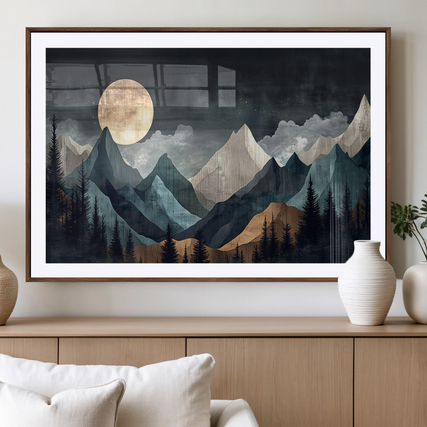 Stylized canvas of layered mountains under a full moon in neutral moody tones, ideal for nature-inspired or modern rustic interiors.
