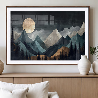 Stylized canvas of layered mountains under a full moon in neutral moody tones, ideal for nature-inspired or modern rustic interiors.