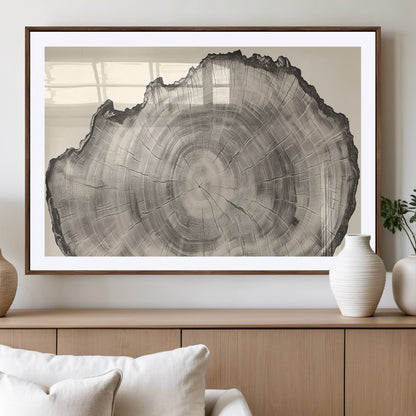 Detailed tree ring drawing in monochrome tones, ideal for rustic or nature-inspired interiors with a minimal decor aesthetic.