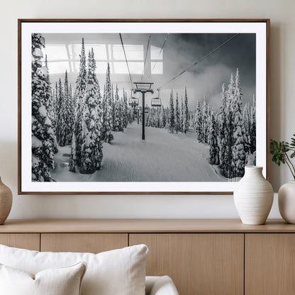 Canvas of a snowy ski lift scene through a forest of tall pine trees, ideal for moody winter or alpine-themed home decor.