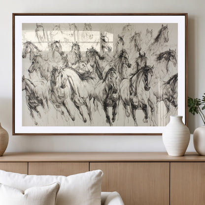Monochrome ink sketch of galloping horses in dynamic motion, perfect for western or equine-themed wall decor with bold artistic energy.