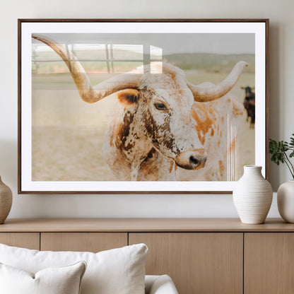 Close-up of a speckled Texas Longhorn in warm prairie tones, perfect for rustic western or countryside-themed room decor.