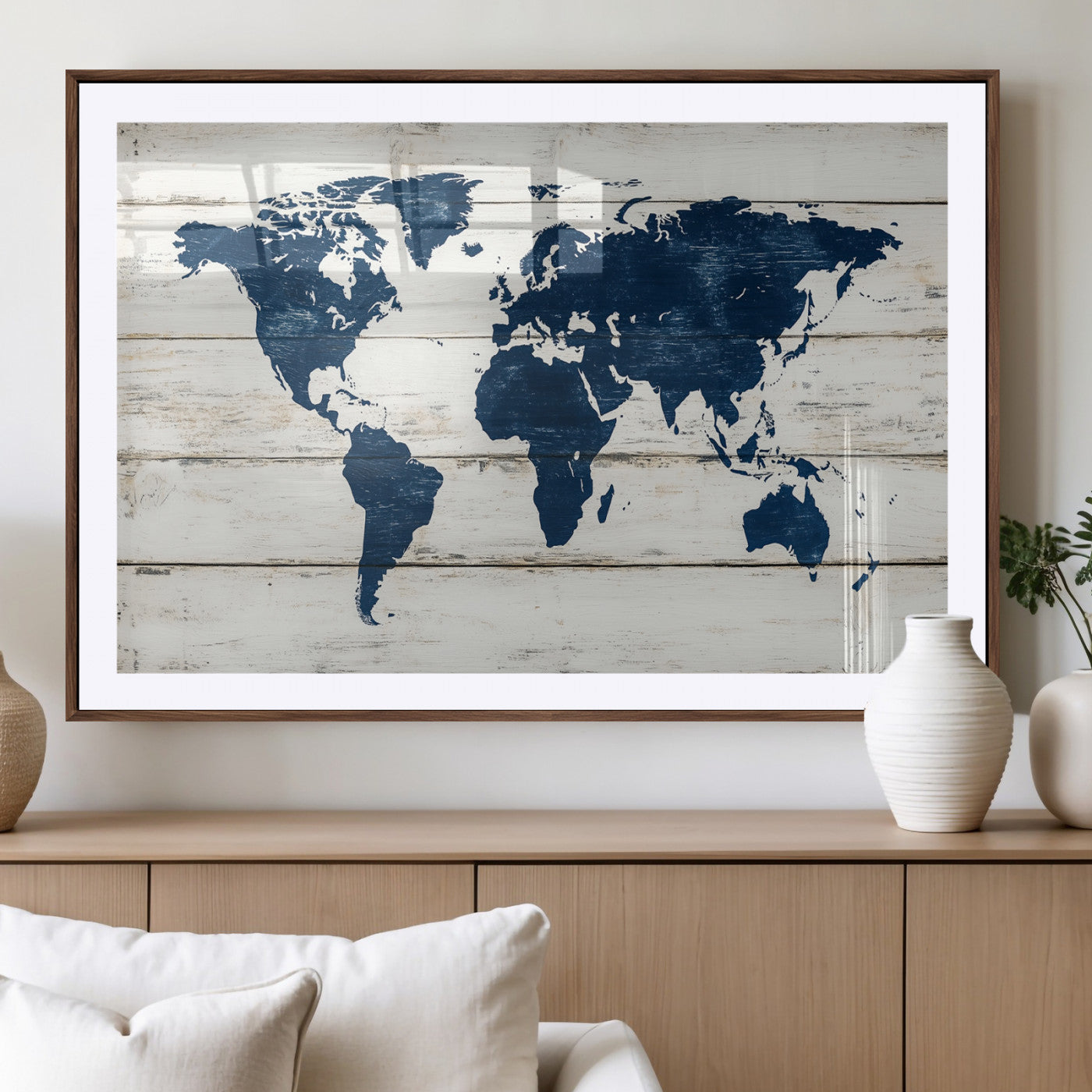 Rustic world map with dark blue continents on distressed wooden planks, perfect for coastal, explorer, or vintage-style wall decor.