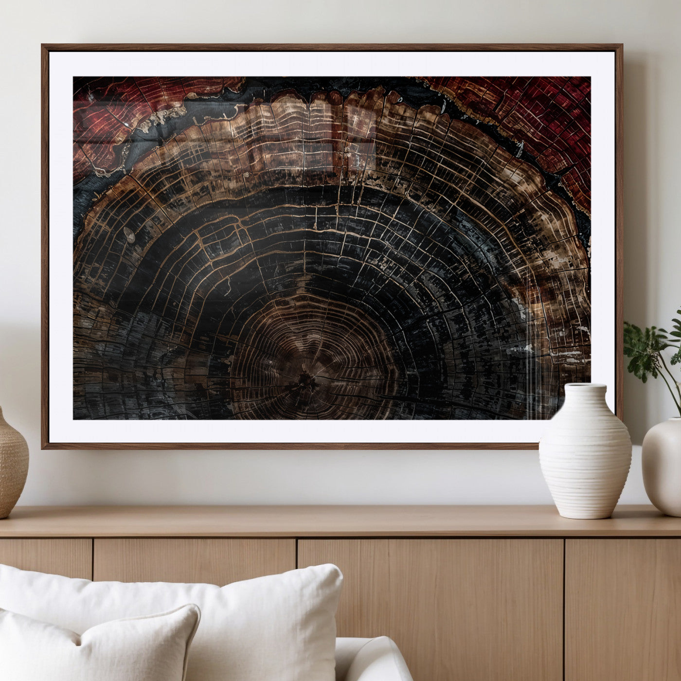 Dark Wood Wall Art Print - Petrified Tree Canvas Print, featuring an intricate tree ring pattern with deep earthy tones and organic textures, perfect for rustic and nature-inspired decor.